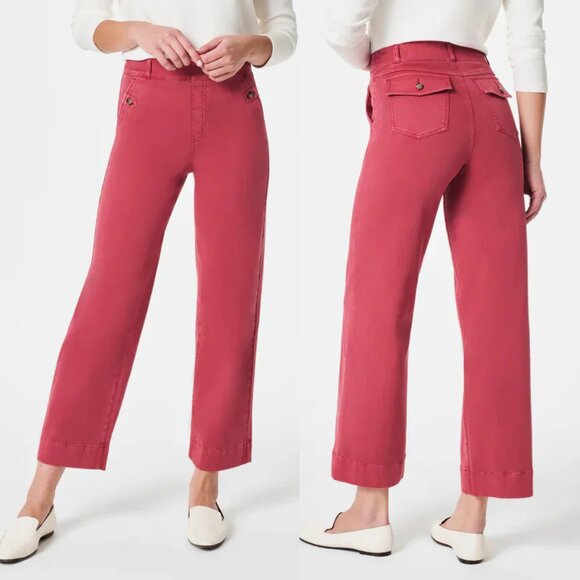 SPANX Pants - Spanx Stretch Twill Wide Leg Cropped Pants Wild Rose L Pull On Shaping Pockets
